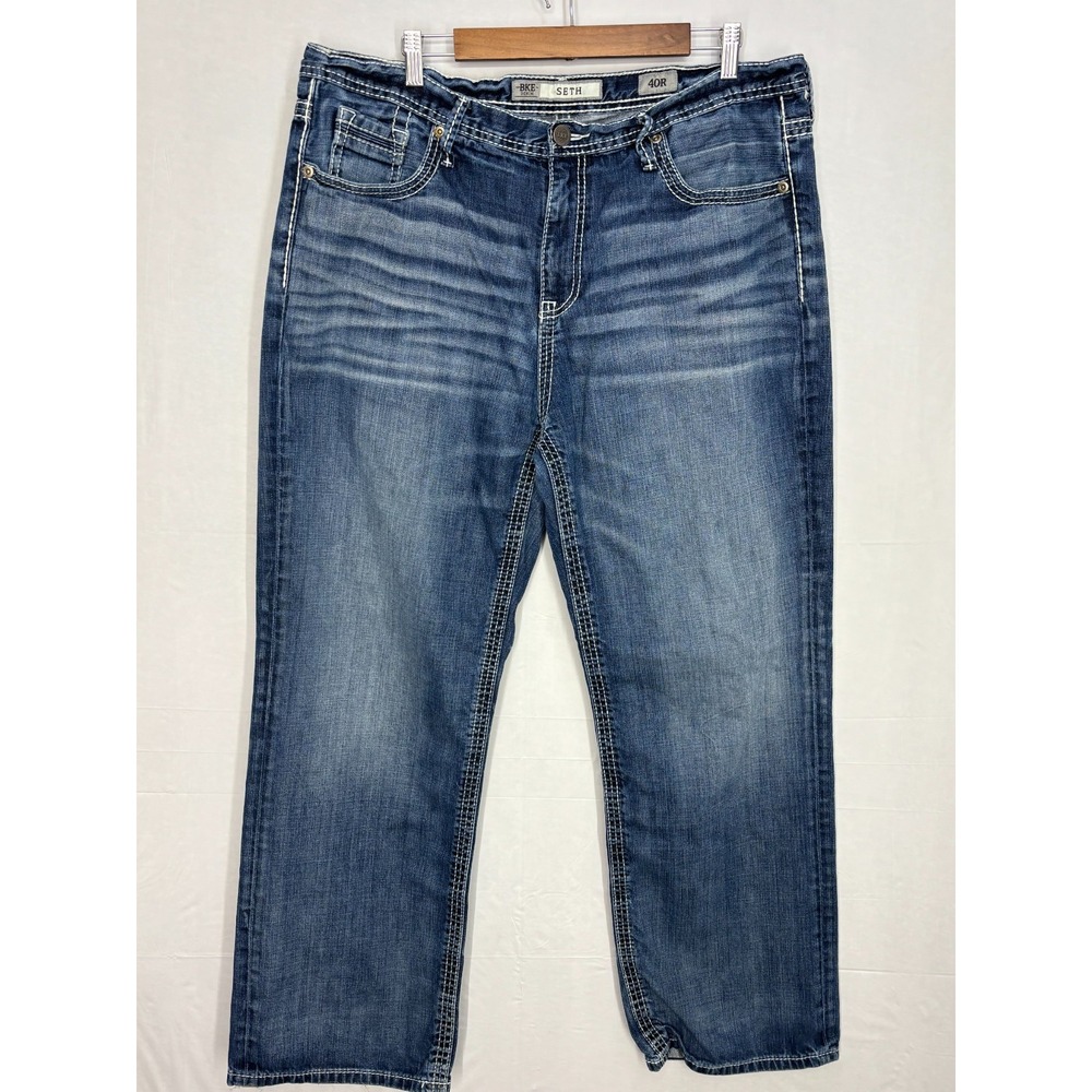 BKE Seth Straight Leg Jeans Mens Blue Denim Cotton Pocket Whisker Comfort 38x31